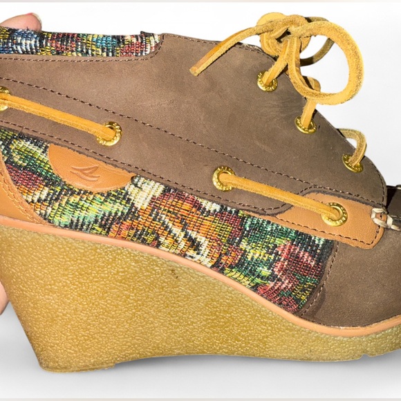 Sperry Hadley Tapestry Leather Wedge Boots Brown Floral Ankle Women's Shoes 7.5 - Picture 5 of 9